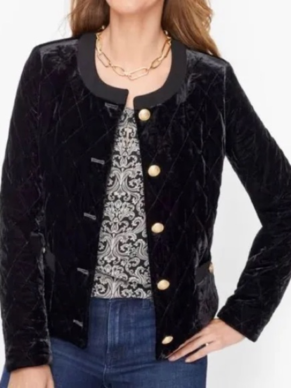 Talbots Women's L Black Quilted Velvet Jacket with Gold Buttons long sleeve